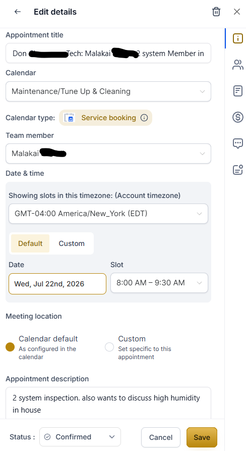 Editing an appointment — date, time, and team member